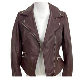 Karen Millen Size 6 Lamb Leather Signature Biker Jacket Purple Brown MSRP $639